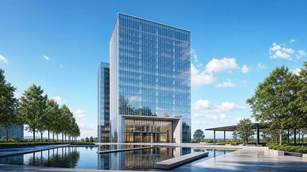 Architektonischer Render eines modernen Bürohochhauses mit Springbrunnen und Bäumen