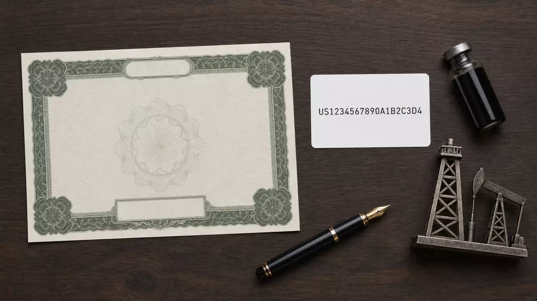 Flatlay mit Aktienzertifikat, ISIN-Karte, Ölfläschchen und Miniatur-Bohrturm