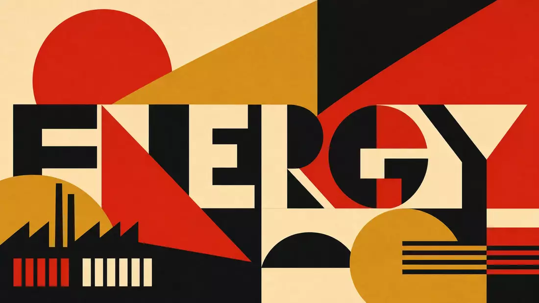 Bauhaus-Poster mit geometrischen Formen und großem Schriftzug ENERGY in Rot und Ocker
