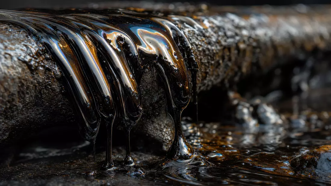 Extreme Nahaufnahme von glänzendem, tropfendem Rohöl auf dunkler Metalloberfläche
