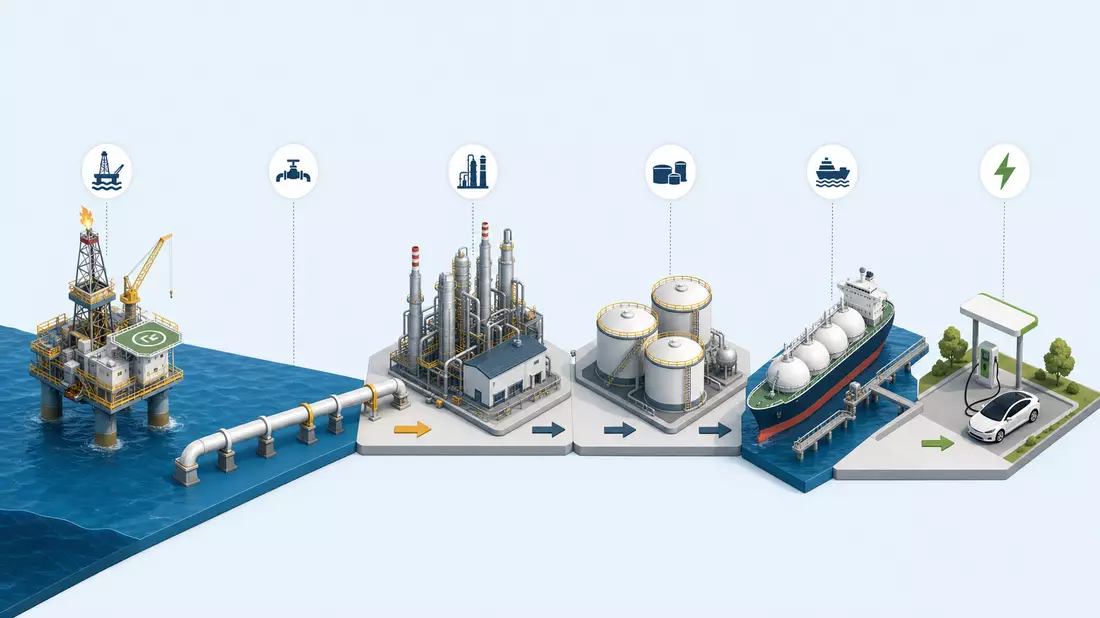 Isometrische Illustration der Wertschöpfungskette von Plattform bis Ladestation