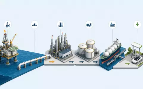 Isometrische 3D-Grafik der Öl- und Gas-Wertschöpfungskette zeigt Geschäftsbereiche von Shell plc, ISIN NL0000009827 - Foto: THN