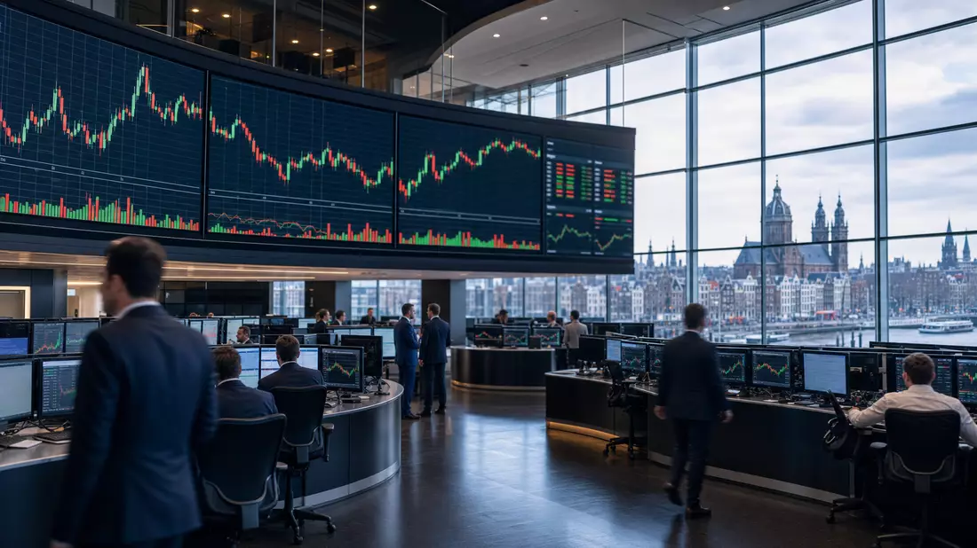 Trading-Floor mit großen Bildschirmen und Energie-Charts vor der Skyline von Amsterdam