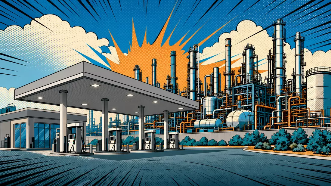Bunte Pop-Art-Comic-Szene mit Raffinerie und generischer Tankstelle in Blau und Orange
