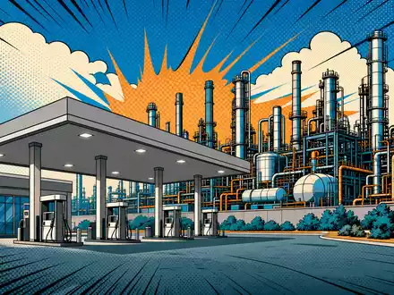 Pop-Art-Comic-Illustration einer Raffinerie mit Tankstelle stellt humorvoll die Energiebranche von Shell plc, ISIN NL0000009827, dar - Foto: THN