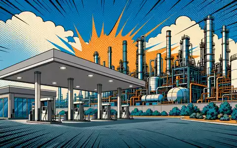 Pop-Art-Comic-Illustration einer Raffinerie mit Tankstelle stellt humorvoll die Energiebranche von Shell plc, ISIN NL0000009827, dar - Foto: THN