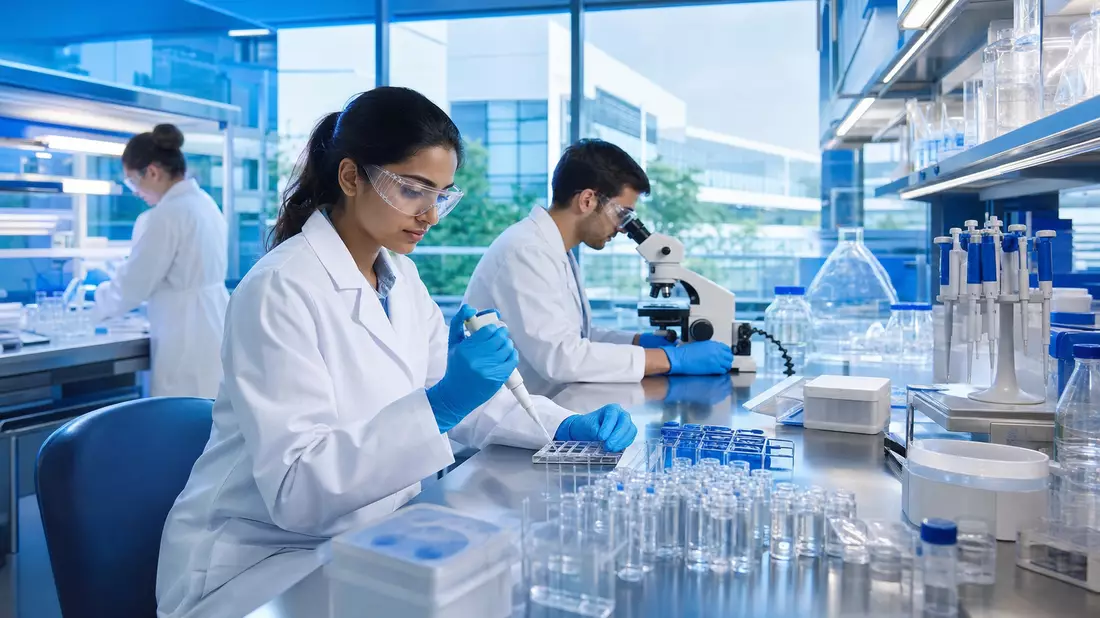 Wissenschaftler im weißen Kittel arbeiten in modernem Pharma-Forschungslabor