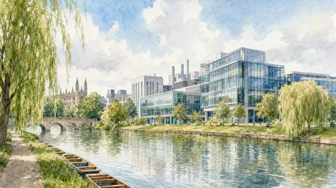 Aquarell einer Cambridge-artigen Flusslandschaft mit Forschungsgebäuden