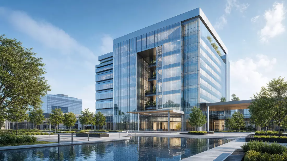 Architektur-Rendering eines gläsernen Biotech-Bürogebäudes mit Wasserbecken