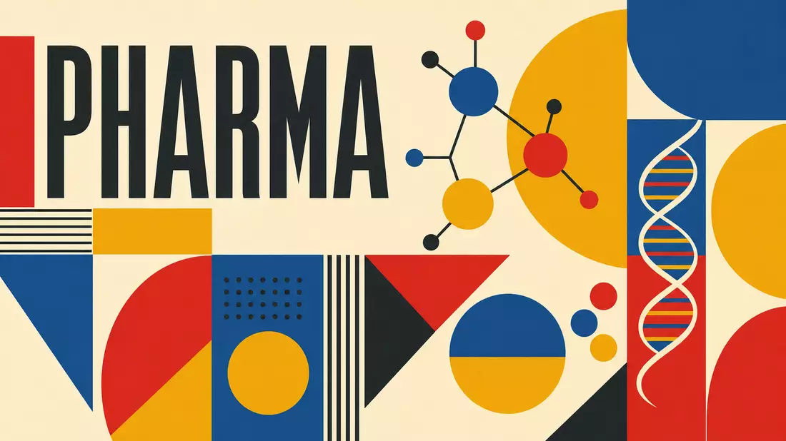 Bauhaus-Poster mit Formen, Molekülstruktur, DNA-Helix und Schriftzug PHARMA