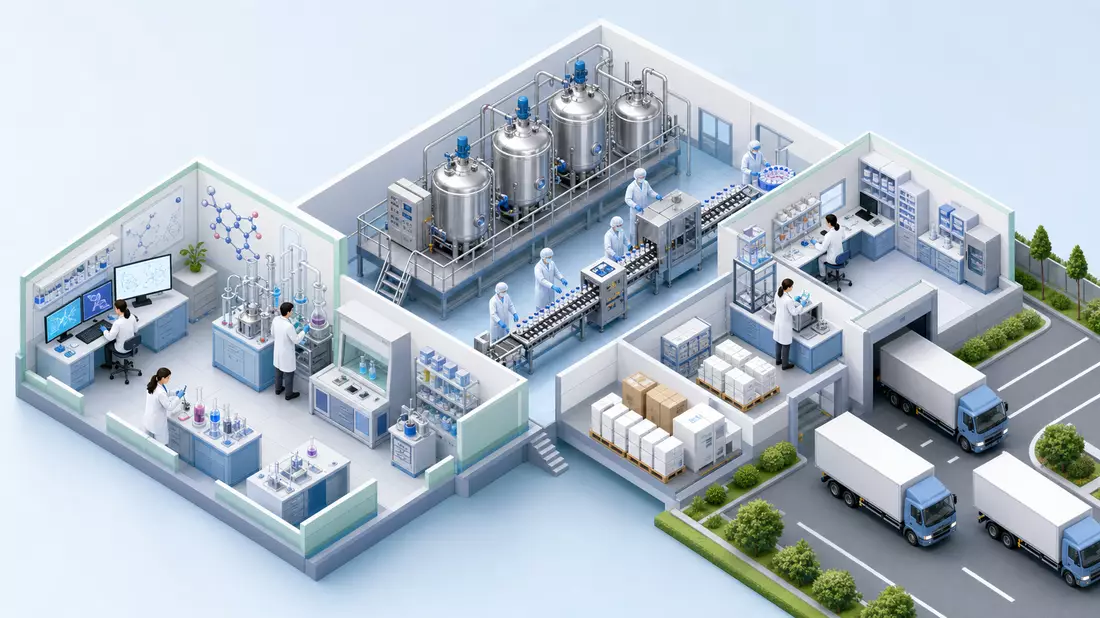 Isometrische 3D-Grafik zeigt Labor, Produktion und Pharma-Logistikkette