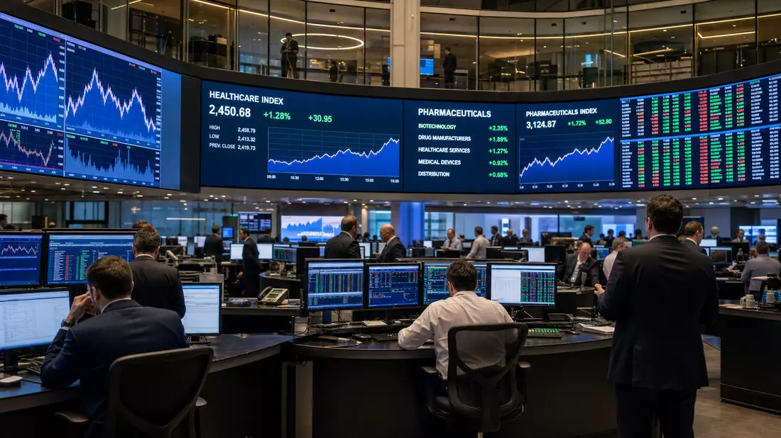 Editorialfoto der Londoner Börse mit Bildschirmen für Gesundheitsindizes