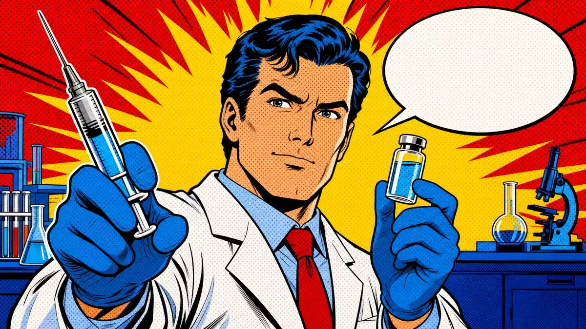 Pop-Art-Comicbild eines Wissenschaftlers mit Spritze und Impfstofffläschchen