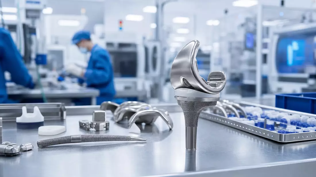 Titan-Knieimplantat auf Edelstahltisch in steriler Medizintechnik-Fertigung