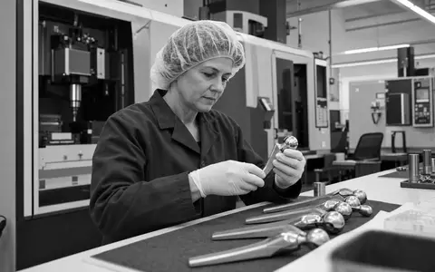 Zimmer Biomet US98956P1021 dokumentiert Technikerin bei Prüfung von Hüftprothesen-Komponenten in Schwarzweiß-Reportage-Aufnahme heute - Foto: THN