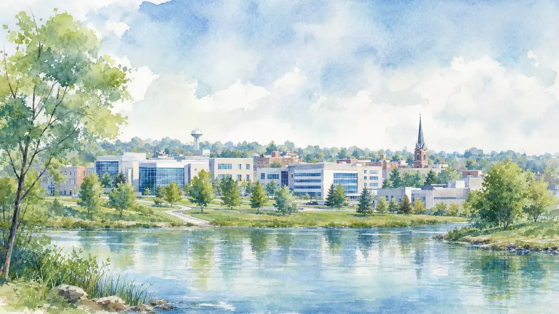 Aquarellmalerei einer Kleinstadt mit Medizintechnik-Campus am Flussufer