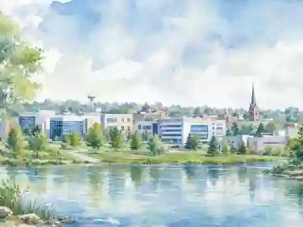Zimmer Biomet US98956P1021 als Aquarell einer Kleinstadt mit modernem Medizintechnik-Campus am Flussufer gemalt - Foto: THN