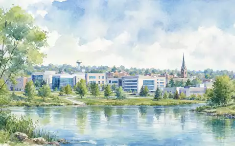 Zimmer Biomet US98956P1021 als Aquarell einer Kleinstadt mit modernem Medizintechnik-Campus am Flussufer gemalt - Foto: THN