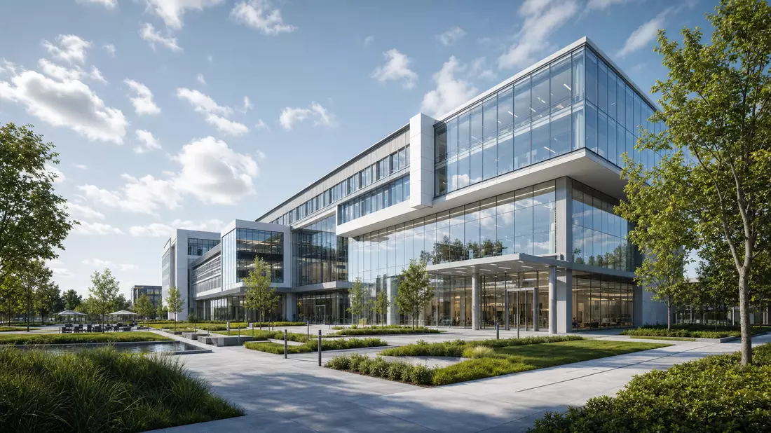 Architektur-Rendering eines gläsernen Medizintechnik-Forschungszentrums mit grünem Campus