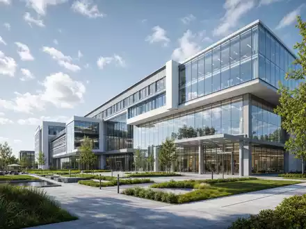 Zimmer Biomet US98956P1021 präsentiert architektonisches Rendering eines gläsernen Forschungszentrums mit begrüntem Campusgelände davor - Foto: THN