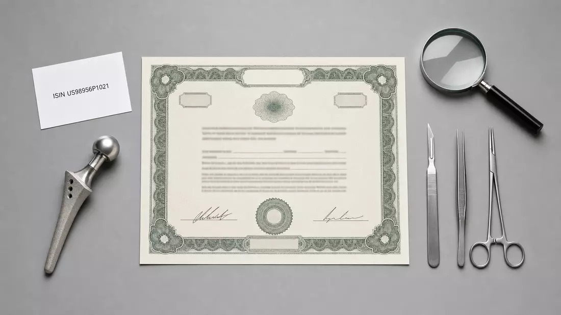 Flatlay mit Aktienzertifikat, ISIN-Karte, Hüftimplantat und chirurgischen Instrumenten