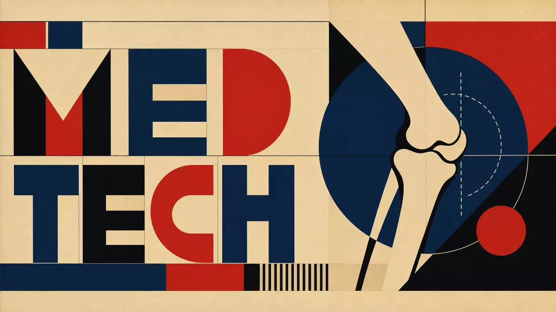 Bauhaus-Poster mit geometrischem Kniegelenk-Motiv und Sektor-Schriftzug MEDTECH
