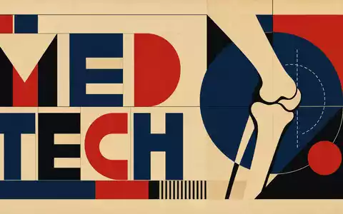 Zimmer Biomet US98956P1021 als Bauhaus-Poster mit geometrischem Kniegelenk-Motiv und Sektor-Schriftzug MEDTECH in Primärfarben - Foto: THN