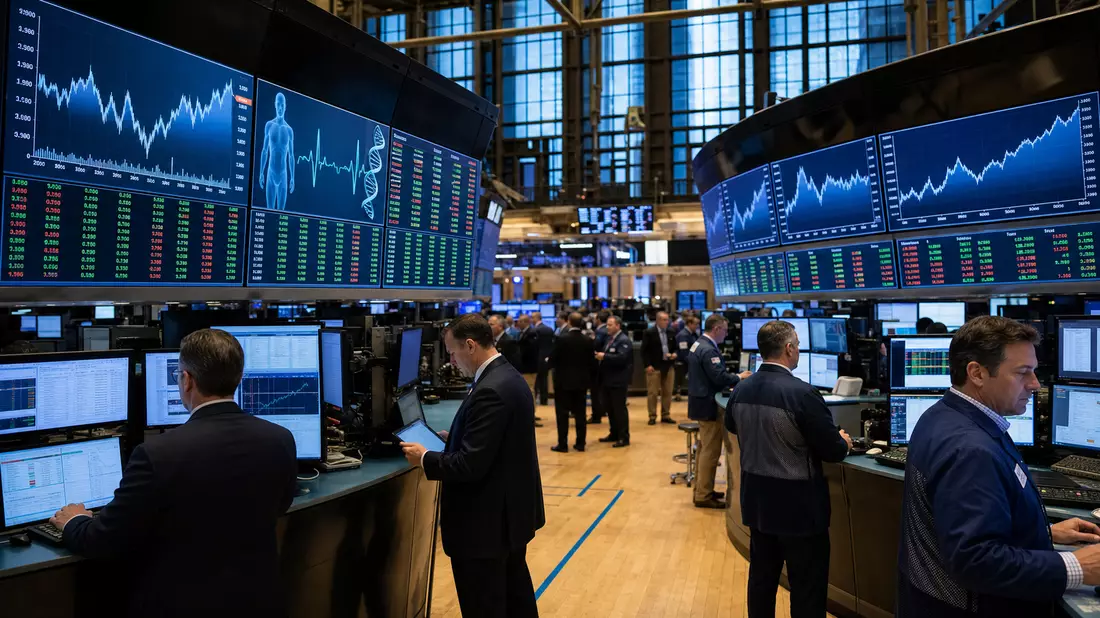 Börsen-Editorialfoto vom Trading-Floor mit Charts der Medizintechnik-Branche