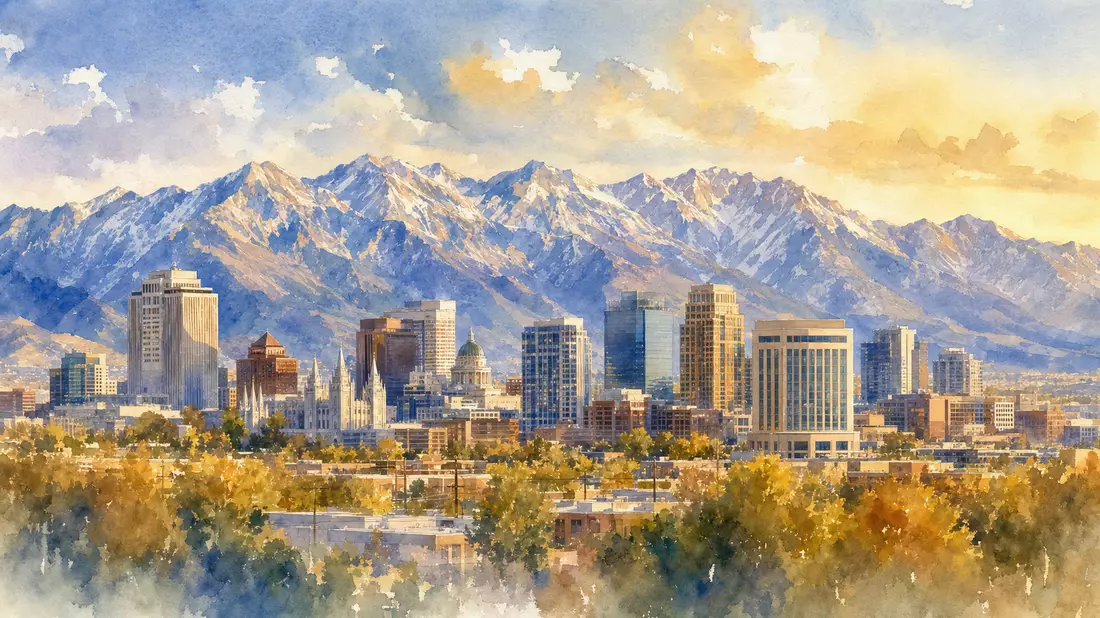 Aquarellmalerei der Skyline von Salt Lake City mit Bergpanorama im warmen Abendlicht