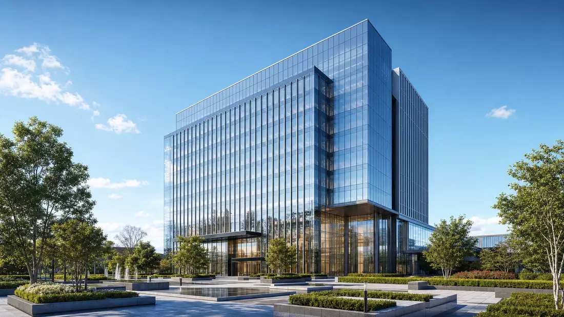 Architektur-Render eines modernen gläsernen Bürohochhauses mit Grünanlage und Wasserfläche