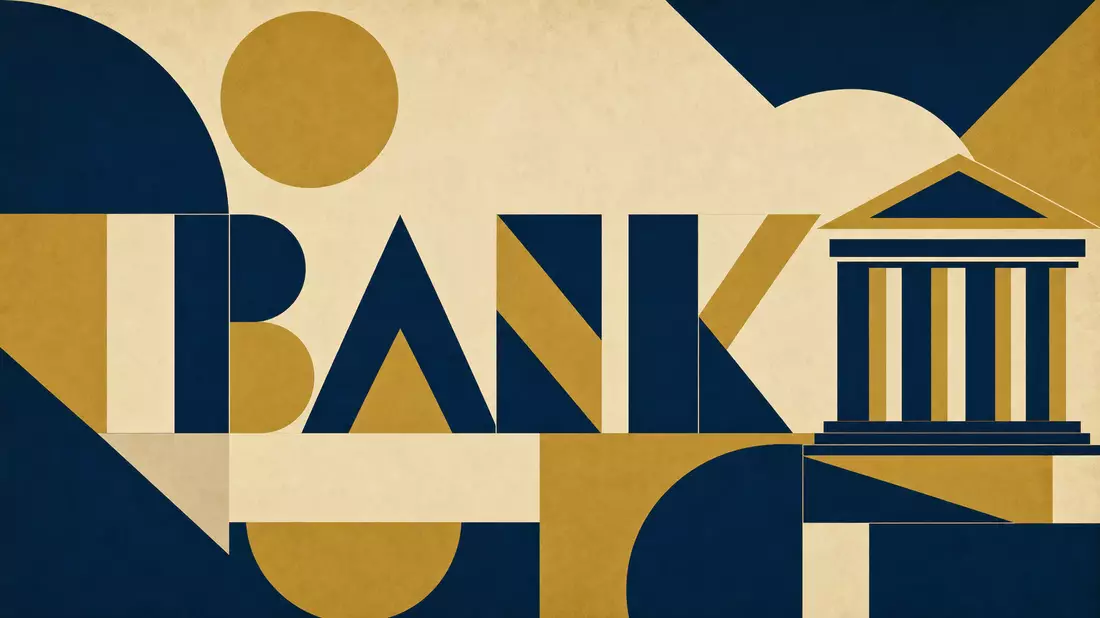 Geometrisches Bauhaus-Poster mit stilisiertem Schriftzug BANK in Marineblau, Gold und Creme