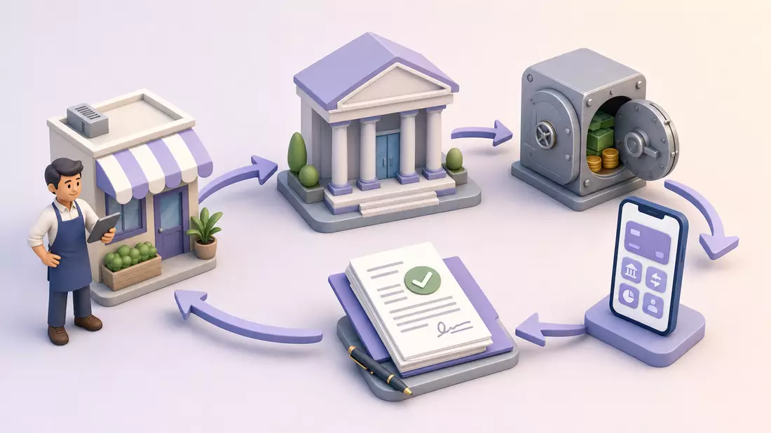 Isometrische 3D-Illustration der Wertschöpfungskette einer Regionalbank mit Filiale und App