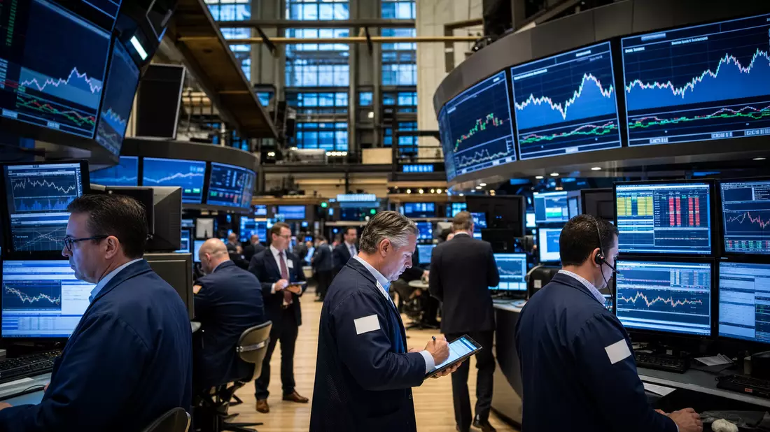 Belebter Börsen-Trading-Floor mit Händlern und Kursdiagrammen auf Bildschirmen
