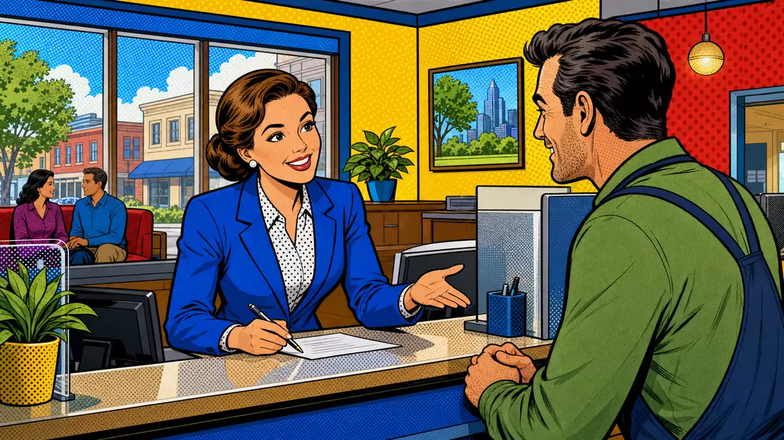 Bunte Pop-Art-Comic-Illustration einer Bankberaterin im Gespräch mit einem Kunden am Schalter