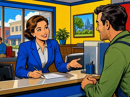 Zions Bancorp (ISIN US9897011071) zeigt eine lebendige Pop-Art-Comic-Szene mit Bankberatung eines Kleinunternehmers - Foto: THN