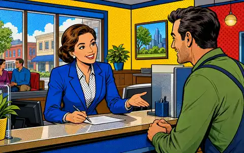Zions Bancorp (ISIN US9897011071) zeigt eine lebendige Pop-Art-Comic-Szene mit Bankberatung eines Kleinunternehmers - Foto: THN