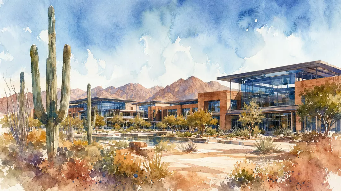 Aquarellgemälde des Firmengeländes in der Wüste von Arizona mit Saguaro-Kakteen