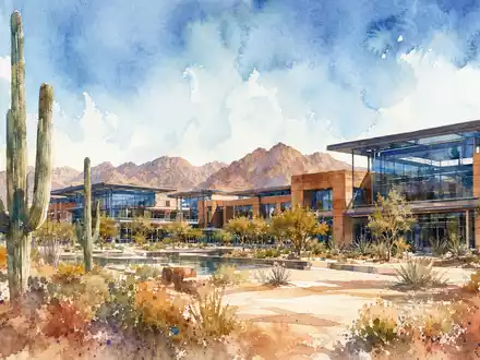 Axon Enterprise Inc. Firmencampus in Scottsdale als Aquarell-Landschaft mit Kaktus gemalt, US05464C1018 - Foto: THN