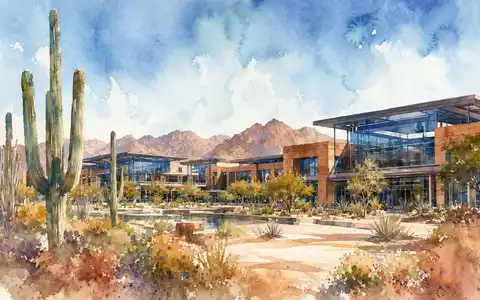 Axon Enterprise Inc. Firmencampus in Scottsdale als Aquarell-Landschaft mit Kaktus gemalt, US05464C1018 - Foto: THN