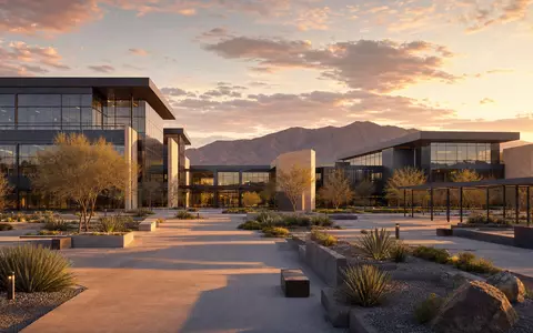 Axon Enterprise Inc. zeigt modernes Technologie-Campus-Render bei goldenem Sonnenuntergang in Arizona, US05464C1018 - Foto: THN
