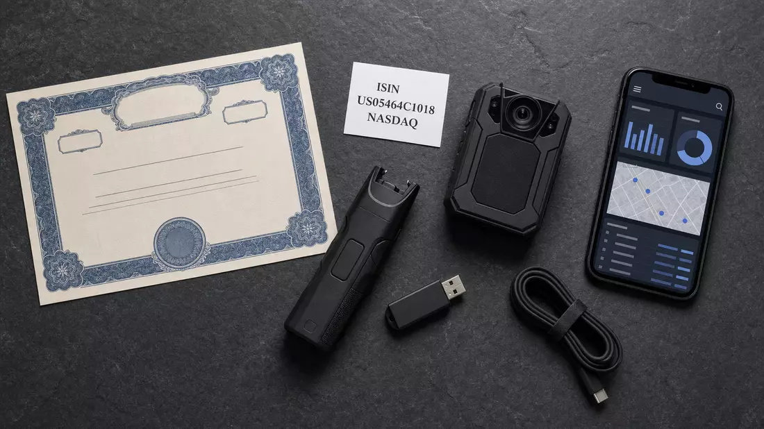 Flatlay-Arrangement mit Aktienzertifikat, ISIN-Karte US05464C1018 und ungebrandeter Bodycam