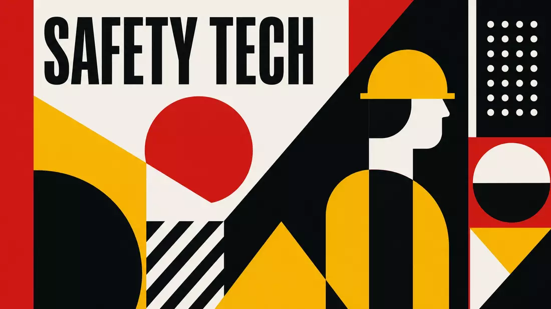 Geometrisches Bauhaus-Poster mit Text SAFETY TECH in Primärfarben Rot Schwarz Gelb