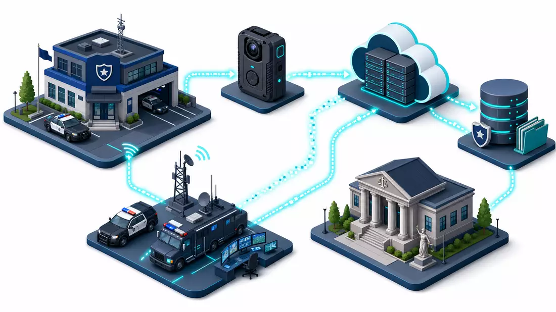 Isometrisches 3D-Prozessdiagramm der vernetzten öffentlichen Sicherheitstechnologie-Infrastruktur