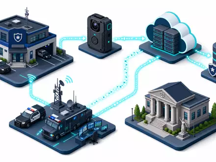 Axon Enterprise Inc. isometrisches 3D Diagramm der vernetzten Sicherheitstechnologie Wertschöpfungskette NASDAQ US05464C1018 - Foto: THN
