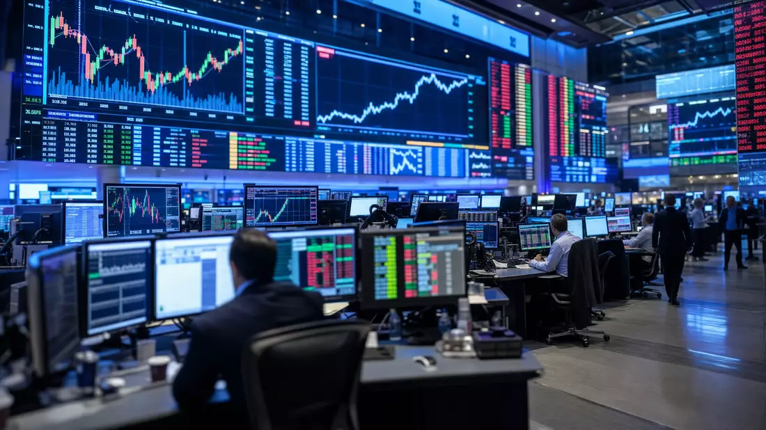 Redaktionelles Bild des NASDAQ-Handelssaals mit leuchtenden Kursanzeigen und Händlern