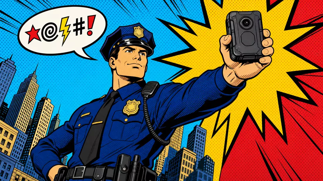 Farbenfrohes Pop-Art-Comic mit Beamten in heroischer Pose mit ungebrandeter Bodycam