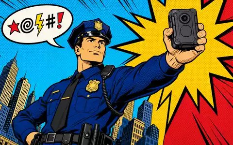 Axon Enterprise Inc. Pop-Art Comic zeigt Beamten heroisch mit ungebrandeter Bodycam und US05464C1018 - Foto: THN
