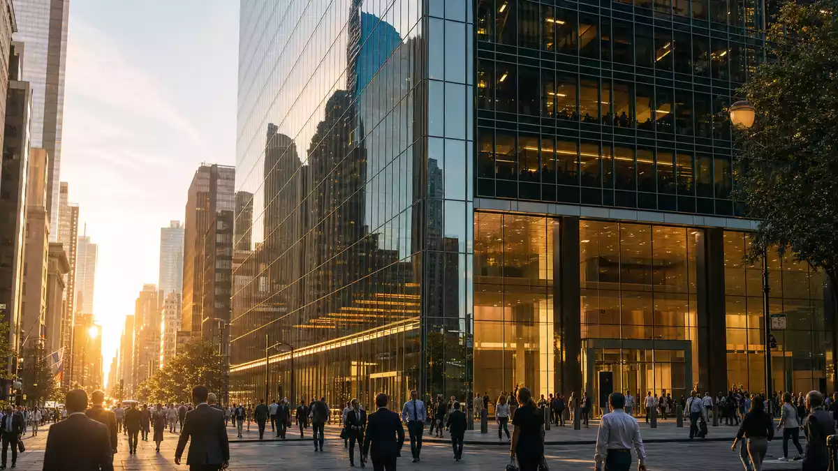 Fotorealistisches Hochhaus der Bank im Finanzdistrikt New Yorks bei Abendsonne