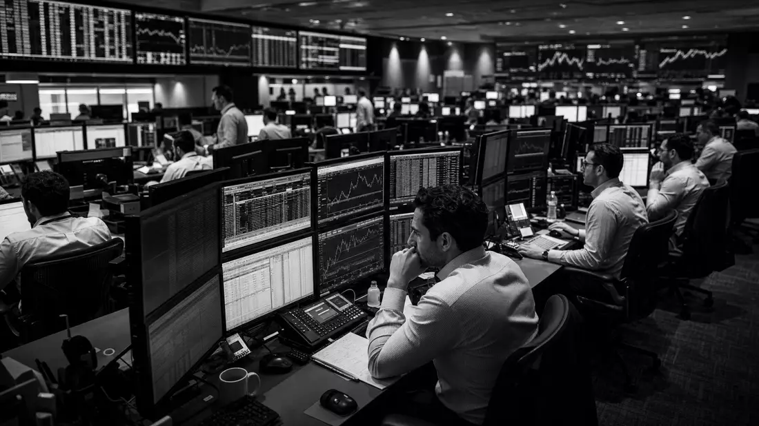 Schwarzweiß-Reportage eines belebten Banken-Handelsraums mit Analysten an Terminals