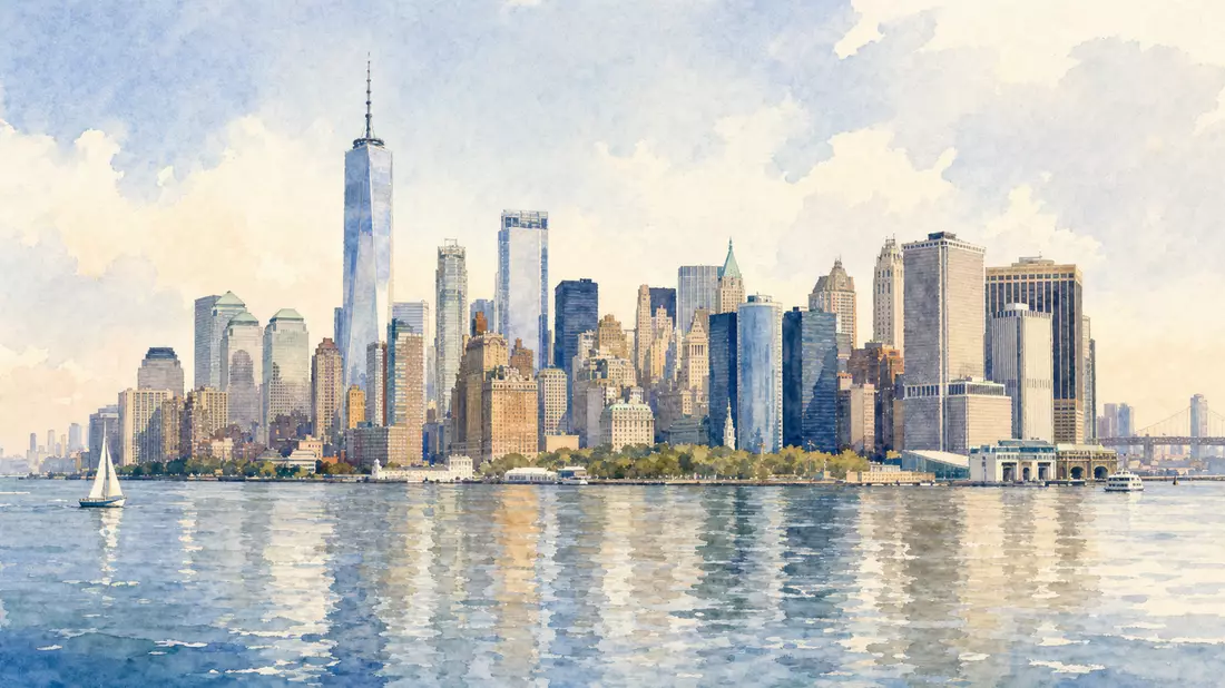 Aquarell-Illustration der Lower-Manhattan-Skyline mit weichen Blau- und Grautönen